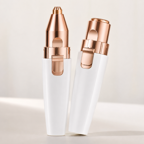 Quelora 2-in-1 Precision Trimmer — both heads visible on cream background